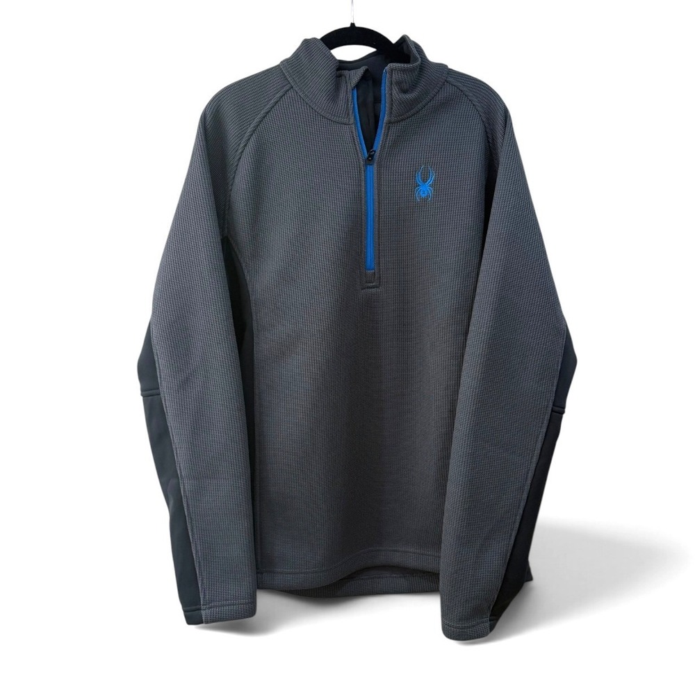 Spyder Mens Large Gray Waffle Knit Fleece Quarter Zip Pullover Blue Logo Outdoor
